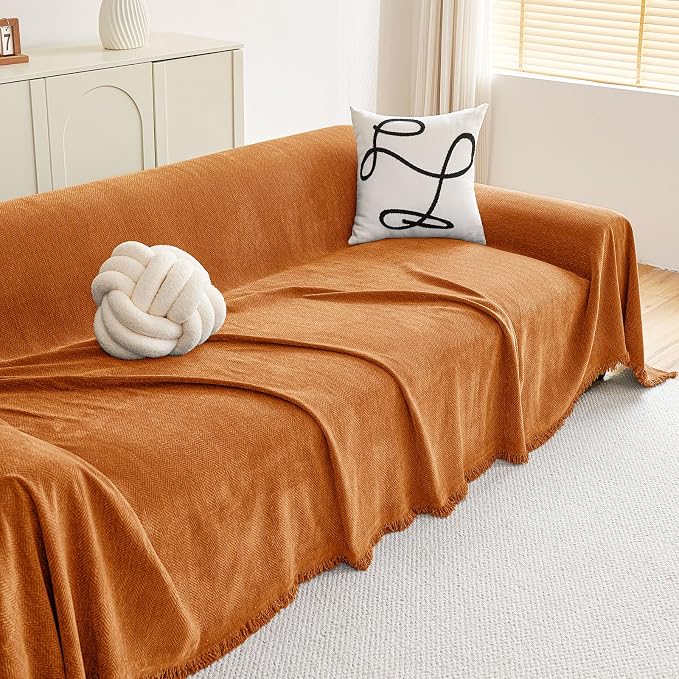hyha Couch Cover for Dogs, Boho Chenille Sofa Cover for 3 Cushion Couch | Anti-Scratch Washable Sofa Slipcover, Loveseat Sectional Couch Throw Blankets with Tassels (Orange, 71x150 Inch) - Image 8