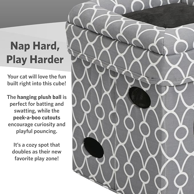 MidWest Homes for Pets Feline Nuvo Curious Cat Cube, Foldable Cat Hideout with Toy, Bolstered Bed Top, Gray Geo Print, Faux Fur - Image 4