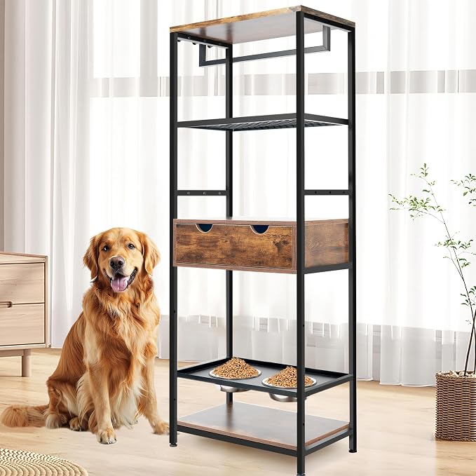 Industrial Style Storage Rack with Dog Feeding Station, Adjustable Raised Dog Bowls, and Shelves - Image 2
