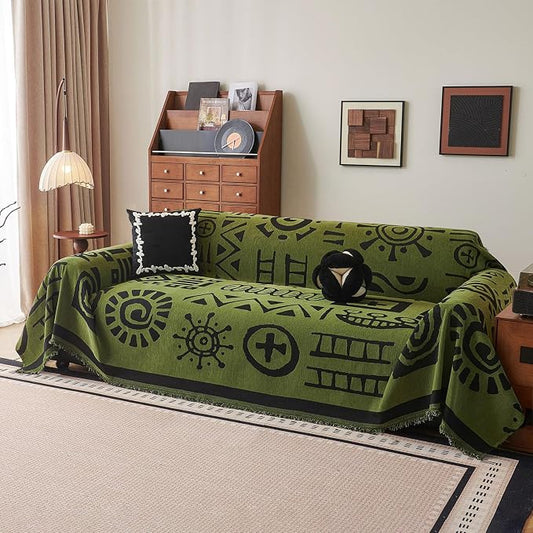 DREAMINGO Green Japandi Couch Cover Boho Tribal Jacquard Sofa Covers for 3 Cushion Couch Thick Soft Chenille Living Room Furniture Futon Sectional Sofa Slipcovers Washable, X-Large 71"x134" by DREAMINGO
