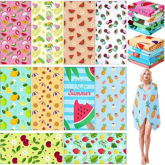 FuWeave 10 Pack Microfiber Beach Towel 28 x 55 Inch Oversized Large Quick Dry Thin Beach Towels for Pool Camping, Sand Free Lightweight Blanket for Women Adults Travel Swimming Sport (Fruits Style) by FuWeave