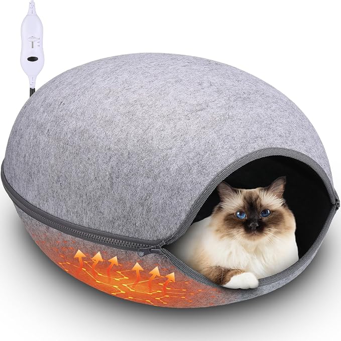 Beeveer Heated Cat Bed, Indoor Heated Cat Cave, Warmer Thermal Pet Bed with Removable Waterproof Heater for Kitty Small Dogs Gray(19.7X 17.8 x 13 Inches) by Beeveer