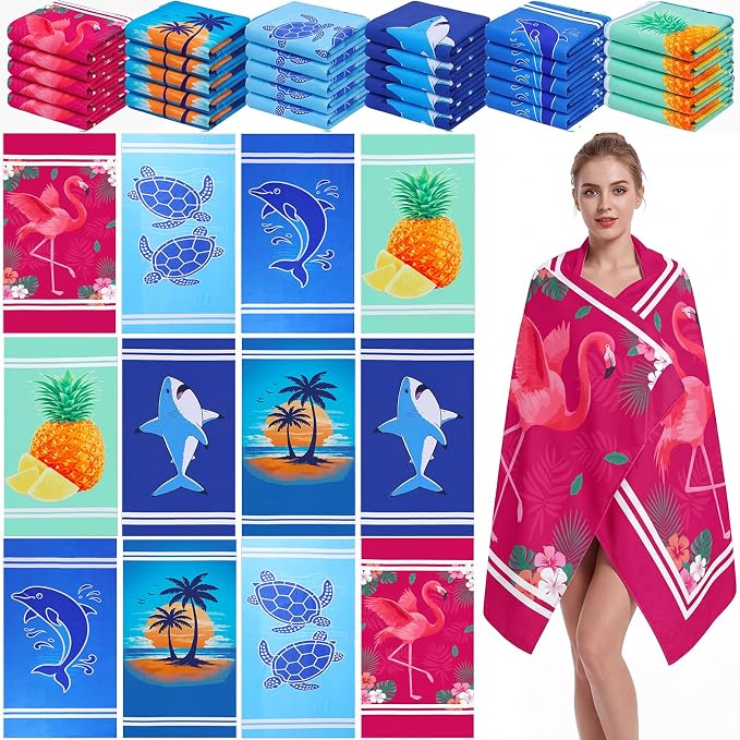 Mindsoft 12 Pcs 30" x 60" Beach Towel Yoga Towel Microfiber Soft Quick Dry Sand Free Oversized Lightweight Cute Beach Towels Bulk for Bath Camping Travel Pool Party Teacher Appreciation Gift by Mindsoft