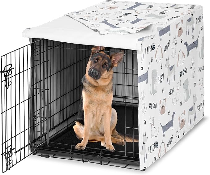 Sweet Jojo Designs 48in. Large Dog Crate Cover (Cartoon Puppy Print) Pet Cage, Kennel Covers (Neutral, Modern, Bulldog, Wiener Doggy, Paws, Whimsical, Playful, Woof, Dachshund, Blue, Taupe, Grey) by SweetJojoDesigns
