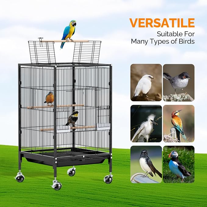 VINGLI 38-inch Bird Cage with Wheels, Durable Wrought Iron Parakeet Cage with Slide Out Tray, Black Bird Cages for Parakeets/Lovebird/Cockatiels/Budgies and Other Small/Medium Birds (Medium-38 inch) - Image 8