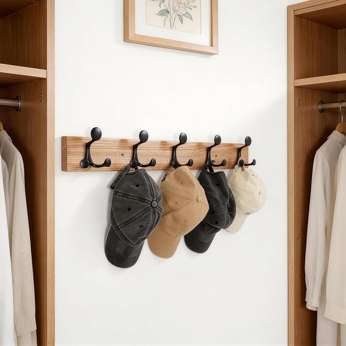 SKOLOO 30-Inch Wood Coat Rack Wall Mount with 5 Triple Hooks - Ideal for Family Entrances, Classrooms, and Pet Supplies Storage - Perfect Coat Hooks for Wall, Black on Natural - Image 4