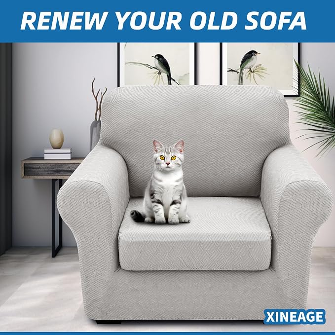 XINEAGE 2026 New 2 Pieces Chair Covers with Arms Super Stretch Chair Slipcover for Living Room Pet Dog Universal Slip Cover Anti Slip Armchair Furniture Protector (Silver Grey), 31"-46"(1 Cushion) - Image 4