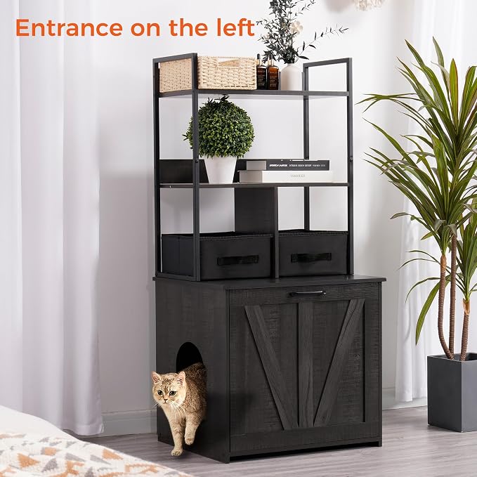 Dwanton Litter Box Enclosure with 2 Storage Shelves and 2 Drawers, 2-in-1 Hidden Cat Litter Box Enclosure Furniture with Shelf, Reversible Entrance, Washable Drawers, 50-Inch, Dark Grey - Image 3