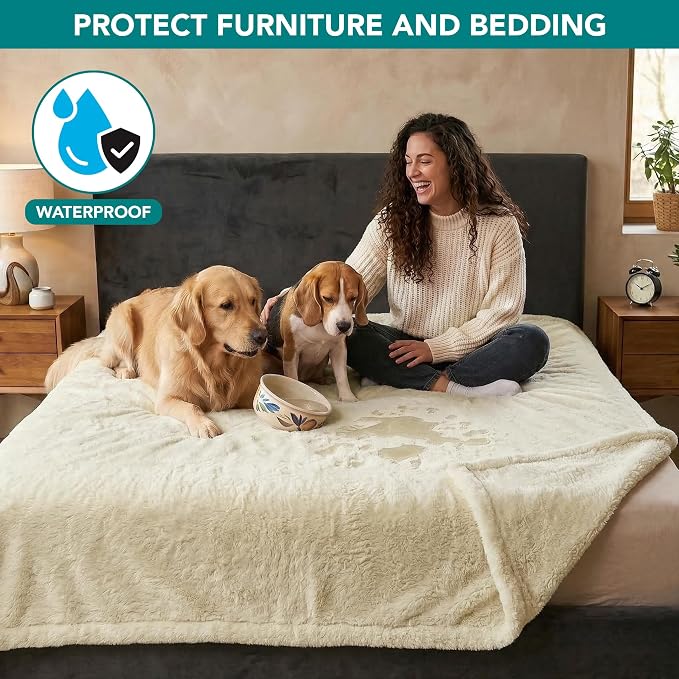 PetAmi Fluffy Waterproof Dog Blanket for Couch and Bed, Reversible Sherpa Pet Throw, Pee Proof Furniture Protector Sofa Cover, Washable Cat Blanket for Medium Large Dogs and Cats (Beige Cream, 40x60) - Image 2