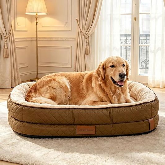 Large Dog Bed with Reusable Potty Pad - 44.1" x 32.3" x 6.3" Brown Bolster Pet Bed with Soft Plush Surface, Raised Sides, and Zippered Cover for Large Dogs by FollowUs