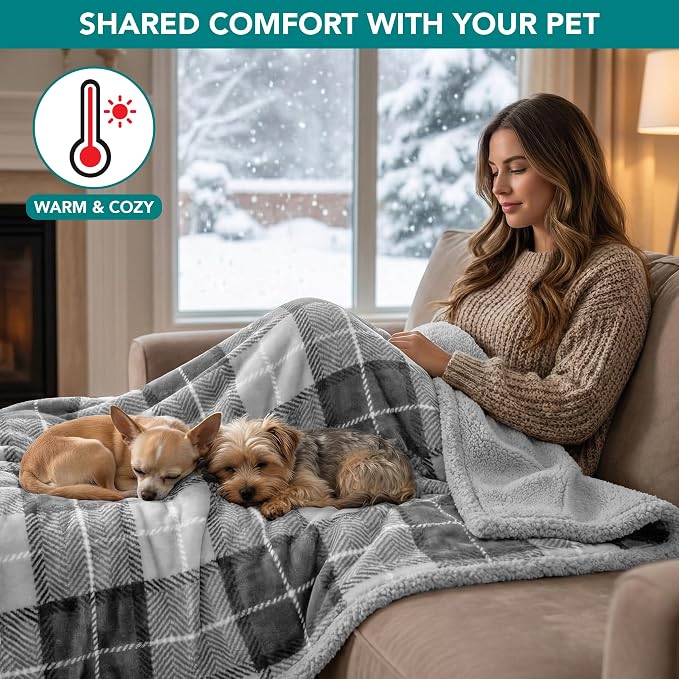 PetAmi Waterproof Dog Blanket for Couch, Pee Proof Fleece Reversible Pet Throw, Furniture Protector for Bed Sofa Kennel, Soft Washable Cover for Small Medium Dog Puppy Cat, 29x40 Plaid Light Grey - Image 4