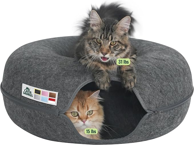 Cattasaurus Peekaboo Cat Cave Donut for Multiple & Large Cats up to 30-45 lbs, 3-in-1 Self Warming Cat Bed, Tunnel & Scratcher for Indoor Cats, Washable & Detachable Small Dog Bed (Dark Gray, Jumbo) by Cattasaurus