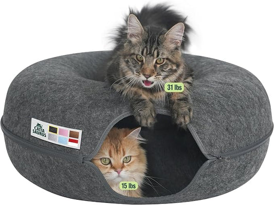 Cattasaurus Peekaboo Cat Cave Donut for Multiple & Large Cats up to 30-45 lbs, 3-in-1 Self Warming Cat Bed, Tunnel & Scratcher for Indoor Cats, Washable & Detachable Small Dog Bed (Dark Gray, Jumbo) by Cattasaurus