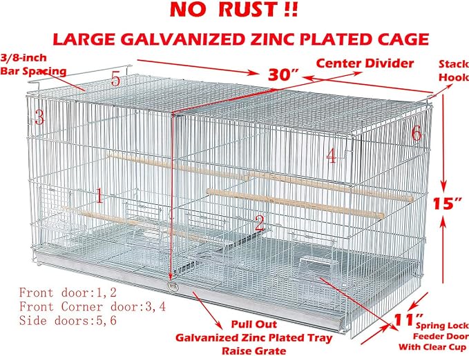 Large No Rust Stainless Galvanized Zinc Stackable Breeder Bird Flight Cage Side Breeding Nest Door with Removable Divider 30"x11"x15"H - Image 2