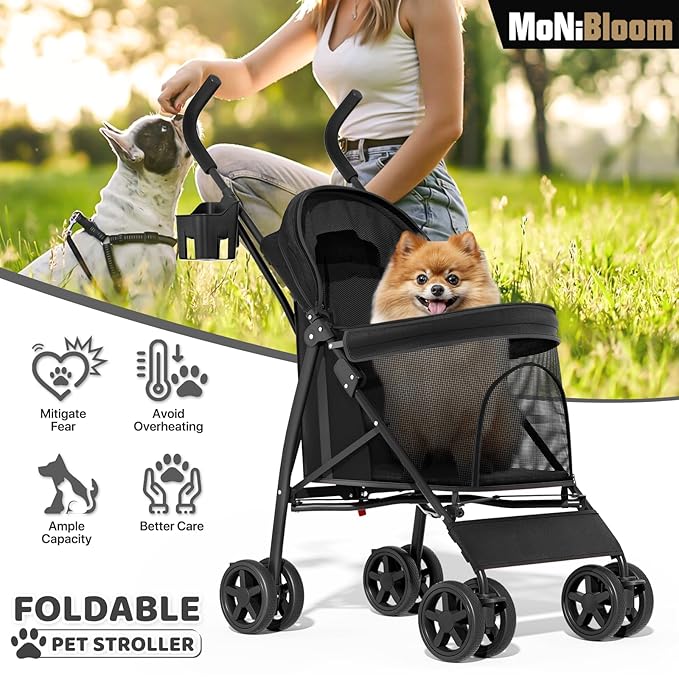 MoNiBloom 4 Wheels Pet Stroller, Easy-Fold Puppy Cage Jogger Stroller with Sun Cover, Pad and Rear Storage Bag, Breathable and Visible Mesh for Small/Medium Pets up to 22 lbs, Black