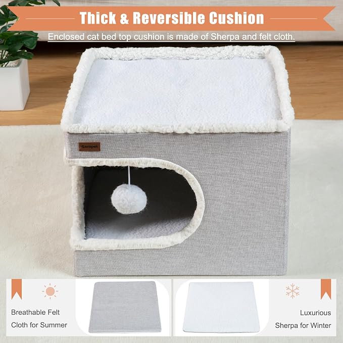 Garnpet Cat Bed for Indoor Cats Cube House, Covered Cat Cave Beds & Furniture with Scratch Pad and Hideaway Tent, Cute Modern Cat Condo for Multi Small Pet Large Kitten Kitty, Large, Green - Image 4