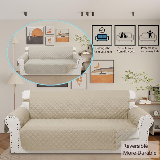 Reversible 4 Seater Sofa Cover 91" Large, Sofa, Sand/Beige | Couch Cover Furniture Protector with Foam Sticks Elastic Straps Furniture Protector for Pets Children Dog Cat - Image 3