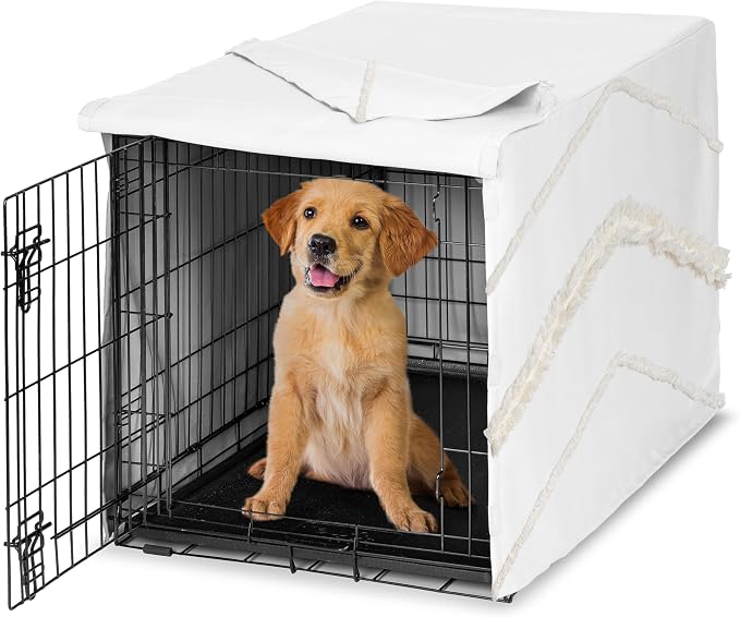 Sweet Jojo Designs 36in. Medium Dog Crate Cover (Bohemian Boho Chic) Pet Cage, Kennel Covers (Farmhouse, Elegant, Modern, Designer, Minimalist, Classic, Macrame, Tuft, Trim, Solid Ivory Cotton Fringe) by SweetJojoDesigns