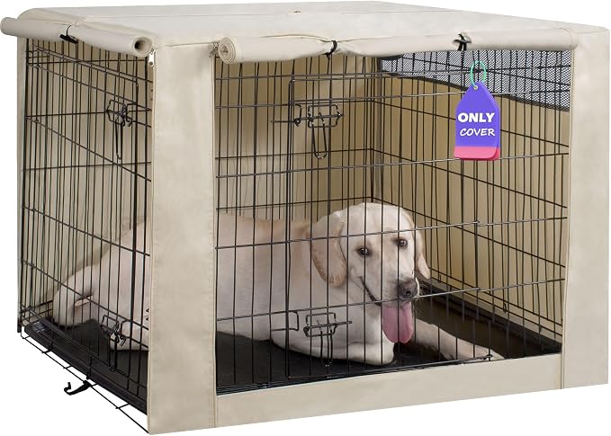 HiCaptain Dog Crate Cover 42.0" L x 28.0" W x 30.0" H with Breathable Mesh, Durable Heavy Duty Kennel Cover, Dual Zippered Panels, Windproof Waterproof UV-Resistant(Beige) by HiCaptain