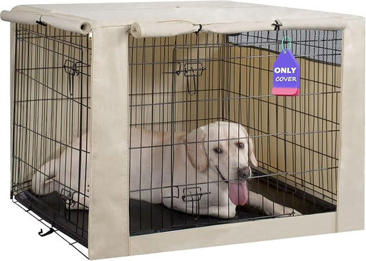 HiCaptain Dog Crate Cover 42.0" L x 28.0" W x 30.0" H with Breathable Mesh, Durable Heavy Duty Kennel Cover, Dual Zippered Panels, Windproof Waterproof UV-Resistant(Beige) by HiCaptain