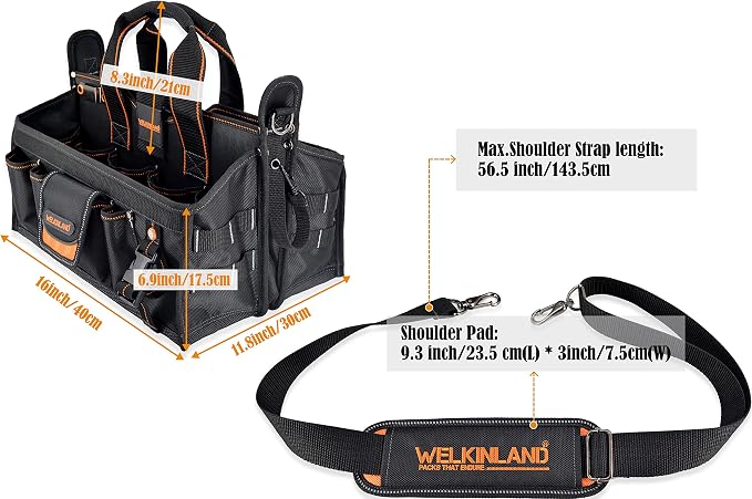 WELKINLAND 19-POCKETS Tool tote, HVAC tool bags organizer, Heavy-Duty electrician tools bag, Tool tote bag w/socket organizer tool boxes, Stay-Up maintenance tools bags - Image 8
