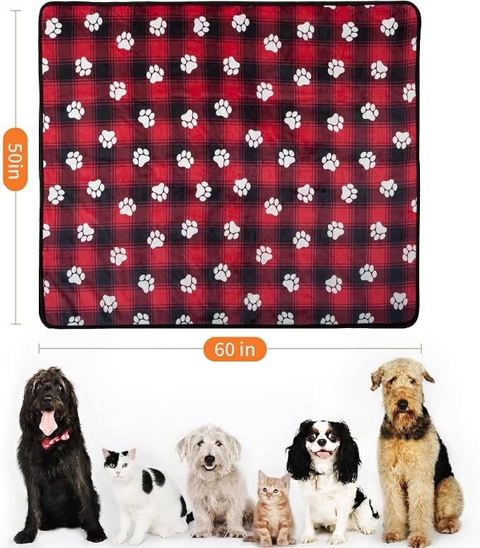 Waterproof Dog Blankets Pet Blanket 50"x60", Soft Fluffy Sofa Car Bed Protector, Reversible Sherpa Fleece Dog Blanket for Large Dogs Christmas Decor(Paw Red) - Image 2