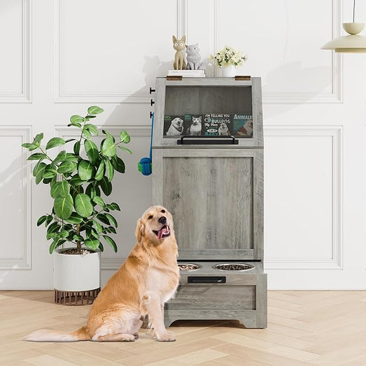 Dog Feeding Station with 2 Elevated Dog Bowls, Pet Feeding Station,Flip Top Pet Food Cabinet,Pet Food Container,Pet Toy Storage Organizer,Modern Storage Organizer,Grey by STMHOM
