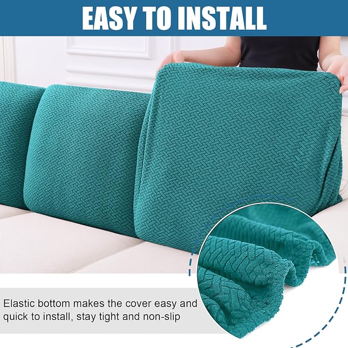 Smiry Waterproof Couch Cushion Covers, Non Slip Seat Cushion Covers | Stretch Jacquard Chaise Lounge Sofa Slipcover, Washable Elastic Furniture Protector for Pets, Back Cover L, Peacock Green - Image 4