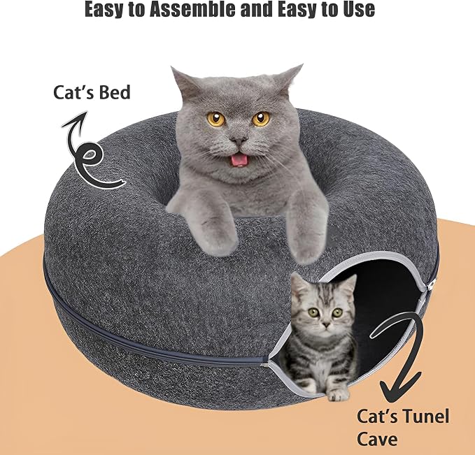 Tunnel Bed for Indoor,cattasaurus Peekaboo cat cave for Multiple,Detachable Felt Felt Washable Interior for Indoor Cats,Donut Tunnel -24inch (Light Gray + Dark Gray) - Image 3