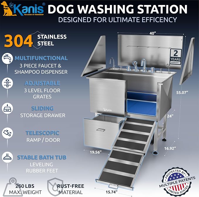 KANIS Professional Dog Washing Station 304 Stainless Steel Pet Wash Sink | Grooming Bathtub w/Shower, Floor Grates and Storage for Large, Medium & Small Pets - Image 2