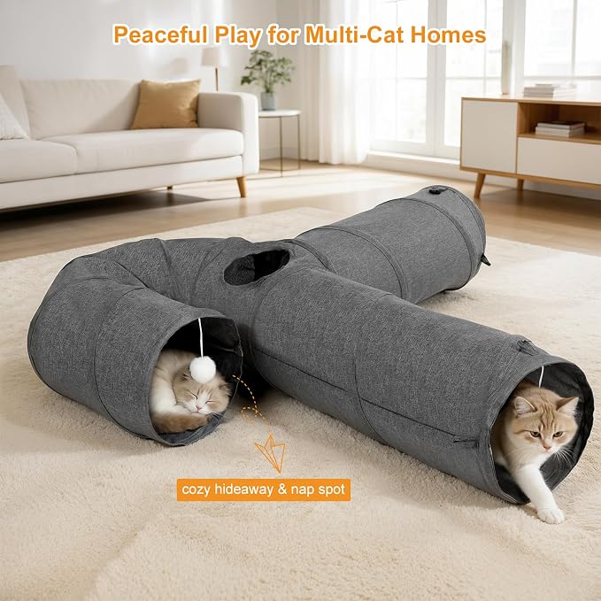 Ownpets Cat Tunnel Large 3 Way Collapsible Cloth Pet Tunnel Tube with Plush Ball & Feather Toy, U-Shaped Cat Play Tunnel for Indoor Cat, Puppy, Kitty, Kitten, Rabbit(Gray) - Image 5