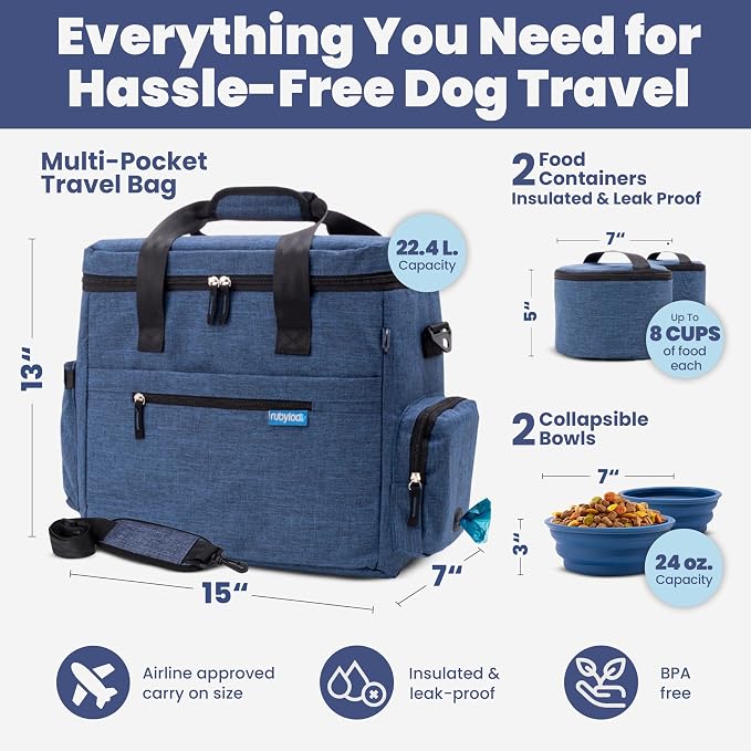 Rubyloo Original Doggy Bag™ Dog Travel Bag for Supplies with Travel Bowls | 2 BPA-Free Collapsible Bowls, 2 Pet Food Containers, TSA-Ready, Road Trips, Camping, Weekend Getaways, Doggy Gift, Navy - Image 3