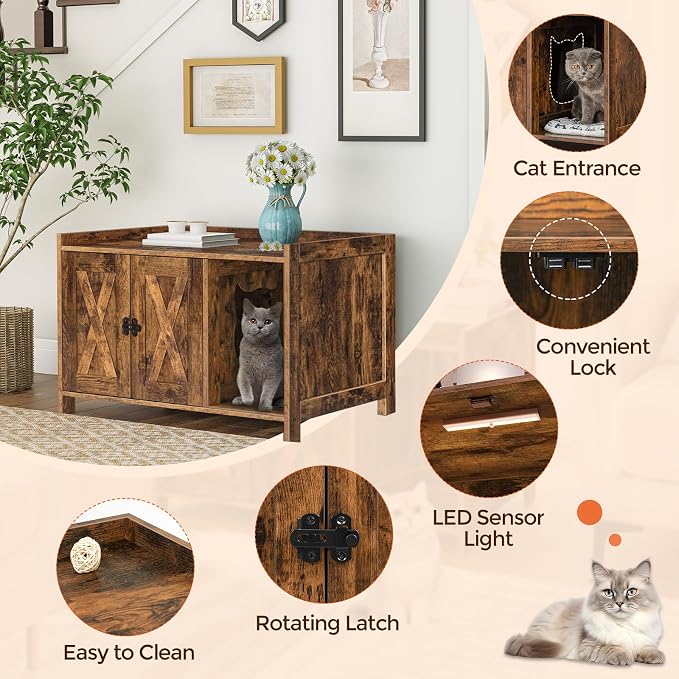 MAHANCRIS Cat Litter Box Enclosure, Hidden Litter Box Furniture with Divider, Indoor Cats House, Wooden Cat Washroom Storage Cabinet Bench, Side End Table Nightstand, Rustic Brown CWHR2501Z - Image 8