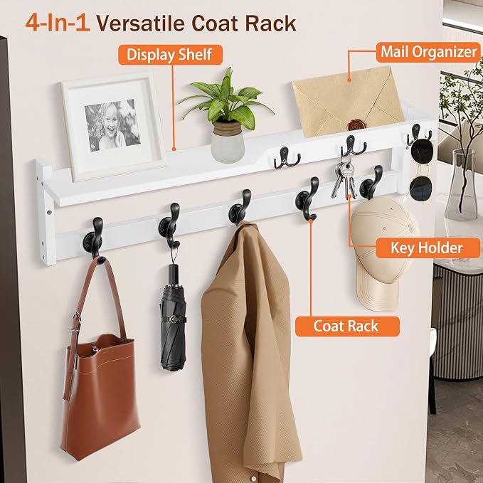 29'' Coat Rack Wall Mount with Shelf, Coat Hanger Wall Mount with Key Hooks and Mail Holder, Wood Entryway Floating Shelf with Hooks and Storage, Hat Rack for Wall Key Holder Mail Organizer - Image 2