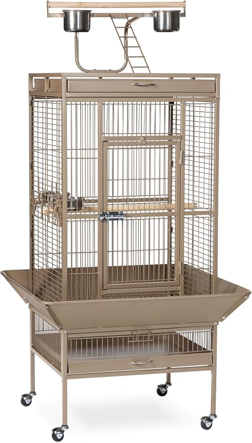 Prevue Pet Products Playtop Bird Home - Large Wrought Iron Bird Cage with Rolling Stand, Ideal for Cockatiels, Conures, and Medium to Large Parrots, Heavy Duty Push Button Door Lock - Beige by PrevuePetProducts