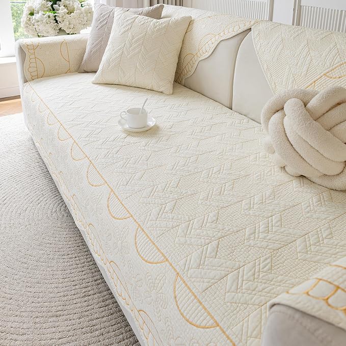 KRFOONN Cotton Quilted Dog Couch Cover for Sofa (01, 2PC 27.6" x 27.6") | Farmhouse Embroidery Sectional Couch Cover Washable, Soft Non Slip Sofa Slipcover Cushion Furniture Protector for Kids, Pets by KRFOONN