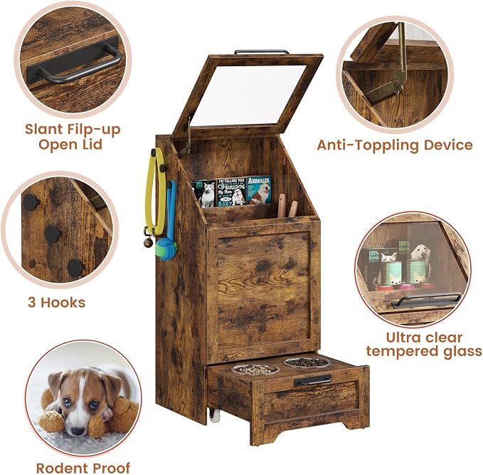 Dog Feeding Station, with Pet Feeding Station,Flip Top Dog Food Storage Cabinet, 2 Elevated Bowls, Includes 3 Hooks for Accessories – Space-Saving Design, Brown - Image 2