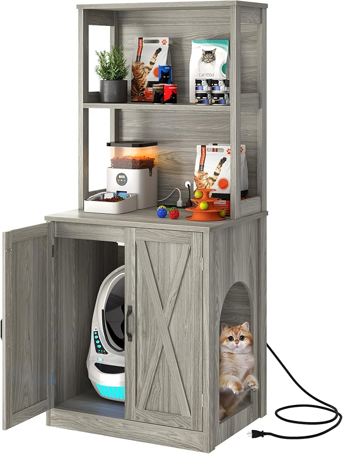 DWVO Large Hidden Litter Box Furniture with Shelves and Charging Station | Wooden Enclosure for Self-Cleaning Litter Boxes, Grey - Image 8