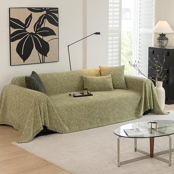 Chenille Couch Cover Blanket Vintage Minimalist Sofa Cover 71"x150" | Speckled Heathered Yarn Woven, Thick Soft Washable Furniture Protector, Fit 3 Cushion Couch & Sectional, Sage Green by DREAMINGO