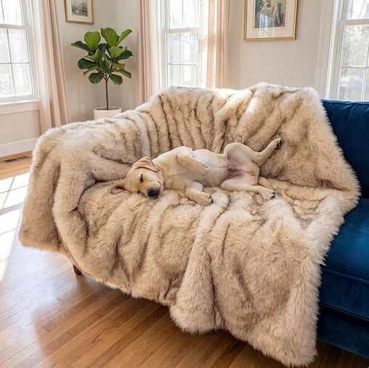 Faux Fur Dog Blanket, Waterproof Couch Cover, White w/ Brown Tips 80"x60" | Plush Sheepskin Style Pet Throw for Sofa, Bed, and Car, Washable Furniture Cover that Protects From Fur and Spills by iHappyDog