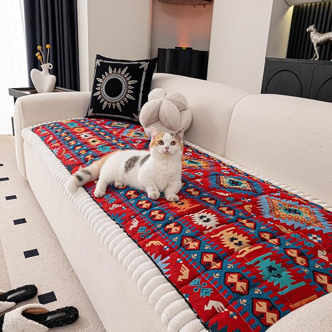 STACYPIK Retro Geometric Couch Cover for Dogs Non Slip Pet-Scratch Resistant Sofa Covers for 2 Cushion Couch, Thickened Fuzzy Loveseat Protector for Sectional, Boho Sofa Slipcover for Pets-27.6X59.1IN by STACYPIK