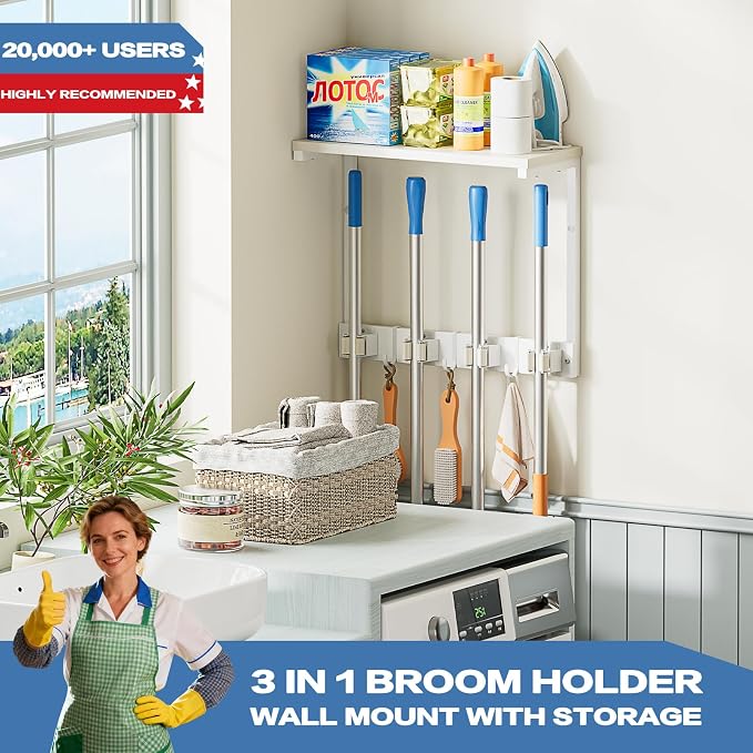 Olakee Broom Holder Wall Mount with Cleaning Supplies Organizer, Laundry Room Organization and Storage Shelves, Mop Hanger Rack with Hooks, Utility Shelf Closet Organizer for Garage Home Improvement - Image 2