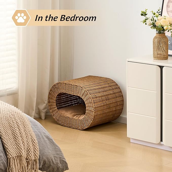 Cat House,Handwoven Cat Cave Pet Cube, Rattan Cat Beds Indoor Kitten House with Double-Sided Soft Cushions, Pet Cat House for Multiple Cats, for Living Room Bedroom - Image 4