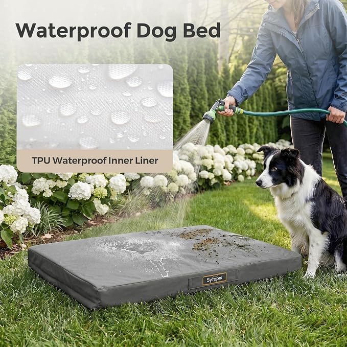 Sytopia 42 Inch Outdoor Waterproof Dog Bed for Extra Large Dogs, Orthopedic Egg Crate Foam Pet Mat with Removable Washable Cover, Durable Crate Mat for Patio, Deck, Camping, Travel, Grey - Image 2