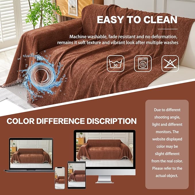DREAMINGO Sofa Covers Washable Thick Chenille Couch Cover for 3 Cushion Couch Sofa Multi-Use Couch Cover Blanket Modern Pet Furniture Protector Sectional Couch Slipcover 91"x134", Chocolate Brown - Image 6