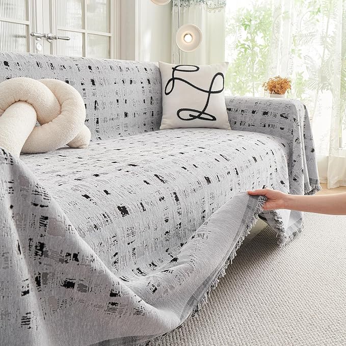 DREAMINGO Abstract Chenille Couch Cover Blanket Grey Black Boho Sofa Cover, Washable Furniture Protector, Universal Slipcover for Couch, Geometric Brushstroke Jacquard, Large 71"x118" - Image 4