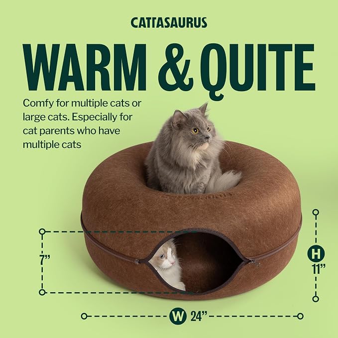 Cattasaurus Peekaboo Cat Cave Donut for Multiple & Large Cats up to 30-45 lbs, 3-in-1 Self Warming Cat Bed, Tunnel & Scratcher for Indoor Cats, Washable & Detachable Small Dog Bed (Brown, Large) - Image 2