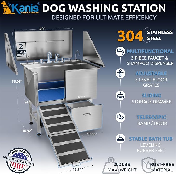 KANIS Professional Dog Washing Station 304 Stainless Steel Pet Wash Sink | Grooming Bathtub w/Shower, Floor Grates and Storage for Large, Medium & Small Pets - Image 2