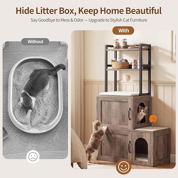 Heybly Cat Litter Box Enclosure Furniture, Double Hidden Litter Box Cabinet with Cat Tree, Large Litter Box Enclosure with Shelves & Storage, Cat House for 2 Cats, Cat Box Enclosure, Greige HCLB002SG - Image 6