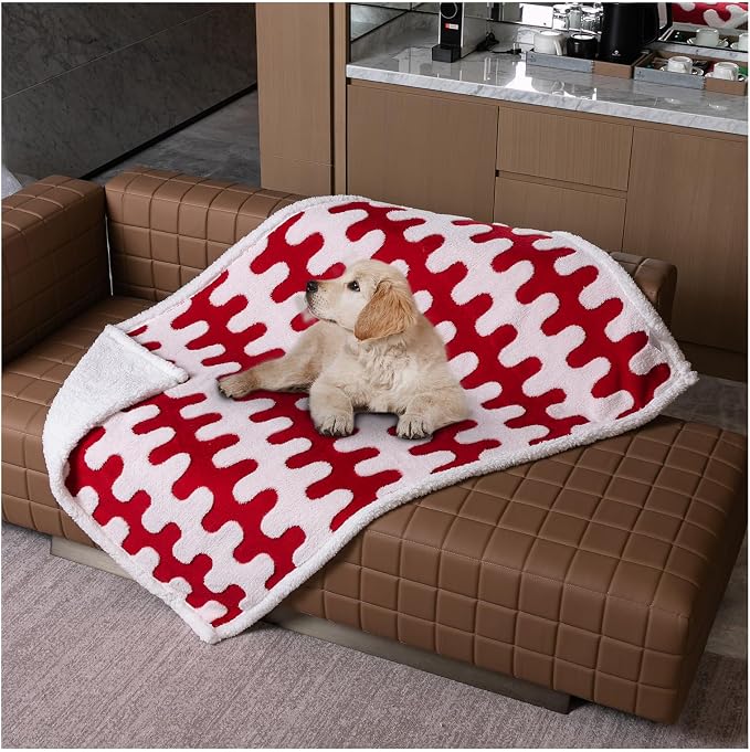 Waterproof Pet Blanket for Dogs,Red Pet Throw Blankets for Dog Bed Covers Couch Sofa Stylish Jacquard for Puppy Cats Washable Reversible Furniture Protection Covers (Red Wave,S) - Image 2